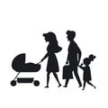 Family with kids walking silhouette vector illustration
