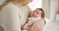 Family, kiss and a mom rocking her baby to sleep in the bedroom of their home together for love or care. Dreaming, nap