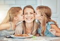 Family, kiss and smile in kitchen for cooking, love and bonding with children on mothers day. Happy mom and kids, baking