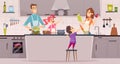 Family kitchen. Kids boys and girls helping preparing food to their parents vector cartoon background