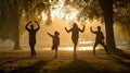 family, father, mother, son, daughter doing morning exercise in park Royalty Free Stock Photo