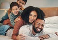 Family, laughing and portrait smile on bed in bedroom, bonding and care in home. Love, interracial and happy mother