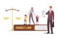 Family Law, Divorce, Child Custody or Alimony Concept. Tiny Mother Character with Kids and Attorney at Huge Scales