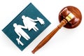 Family law, family right concept. Child-custody concept. Family with children cutout near court gavel on white