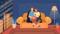 Family Leisure Concept. Young Couple Man And Woman Sit On The Sofa With Night Cityscape Background Hugging Each Other