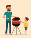 Family leisure. Man is cooking a barbecue grill. Fry meat and sausages on fire. Royalty Free Stock Photo