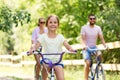 Happy family riding bicycles in summer park Royalty Free Stock Photo