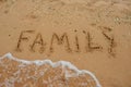 FAMILY lettering on the sand of a beach with wave and sunshine