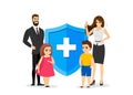 Family life and health insurance banner concept. Parents and children near protection shield with medical symbol. Young