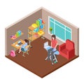 Family life isometric concept. Housewife and little girs in the room vector illustration