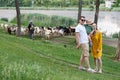 Family life. Portrait of parents and their son against the background of passing goats. Walk in park. Happy family leisure Royalty Free Stock Photo