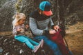 Family lifestyle father and daughter child outdoor in forest on picnic travel vacations Royalty Free Stock Photo