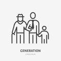 Family line icon, vector pictogram of three male generations - grandfather, father, son. Young boy with older relatives