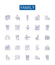 Family line icons signs set. Design collection of Kin, Relatives, Clan, Lineage, Descendants, Brood, Tribe, Kinfolk