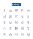 Family line icons signs set. Design collection of Kin, Relatives, Clan, Lineage, Descendants, Brood, Tribe, Kinfolk