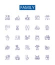 Family line icons signs set. Design collection of Kin, Relatives, Clan, Lineage, Descendants, Brood, Tribe, Kinfolk