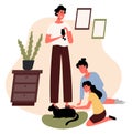 Family with little black cats, mother and child sitting on the floor. Flat design illustration. Vector