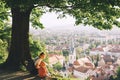 Family look at panorama of Ljubljana, Slovenia, Europe