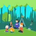 Family look at their smartphones in forest. Cartoon vector illustration Royalty Free Stock Photo