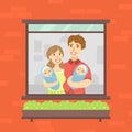 Family Looking Out of the Window, Happy Mother, Father and Their Newborn Twins Vector Illustration Royalty Free Stock Photo