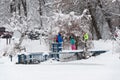 Family looking at snowy tree at winter walk at Holosiivskyi National Nature Park, Kyiv, Ukraine Royalty Free Stock Photo