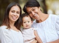 Family, love and park portrait with baby, mother and grandmother relax, smile and bond in nature in Mexico. Happy family Royalty Free Stock Photo