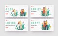 Family Love and Tenderness Landing Page Template Set. Loving Parents Kiss Baby. Caucasian and African Mother and Father