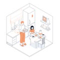 Family lunch in the kitchen - modern line design style isometric illustration