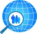 Family in magnifier on planet background
