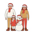 Family make snowman, people in winter clothing, doodle style. Hand drawn character in winter holiday season. Vector Royalty Free Stock Photo