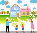 A family making a home jigsaw puzzle vector illustration