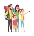Family making photo. Selfie tourists, vacation or travel. Isolated mom dad girl boy with things for camping vector