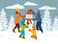 Family making snowman scene, winter snow forest park Royalty Free Stock Photo