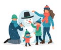 Family making a snowman in winter. Vector illustration in flat style