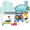 Family man with girls car transfer to airport. Dad with children carrying trolley with luggage on city street near auto