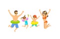 Family, man woman boy girl, parent and their children jumping for joy, happy to be on vacations Royalty Free Stock Photo