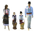 Family Mannequins in national traditional balkanic, moldavian, romanian costumes isolated over white