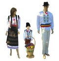 Family Mannequins in national traditional balkanic, moldavian, romanian costumes isolated over white