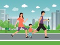 Family marathon outdoor activity vector illustration. Happy father, mother and child running in city park. Families with Royalty Free Stock Photo