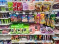 Kuala Lumpur, Malaysia - July 15, 2020 : Family mart convenience store sweets and confectionery snack display rack