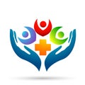 Family medical healthy life cross clinic hands care logo parent kids love, protect symbol icon design vector on white background