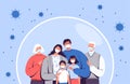 Family in medical masks stands in a protective bubble. Adults, old people and children are protected from the new Royalty Free Stock Photo