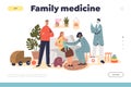 Family medicine concept of landing page with medical doctor pediatrician visit sick patient at home