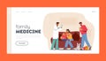 Family Medicine Landing Page Template. Doctor Shoot Vaccine to Little Child. Baby Examined by Pediatrician at Home