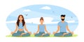 A family meditating together in nature. Parents and child doing yoga exercises in the fresh air. A family spending time