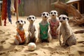 Family Of Meerkats Dressed In Beachwear, Enjoying Game Of Beach Volleyball. Generative AI