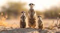 A family of meerkats standing sentinel in the arid deserts of Africa. Royalty Free Stock Photo