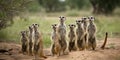 A family of meerkats standing on their hind legs, looking out for predators, concept of Animal vigilance, created with