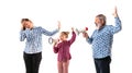 Family members arguing with one another on white studio background. Royalty Free Stock Photo