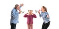 Family members arguing with one another on white studio background. Royalty Free Stock Photo